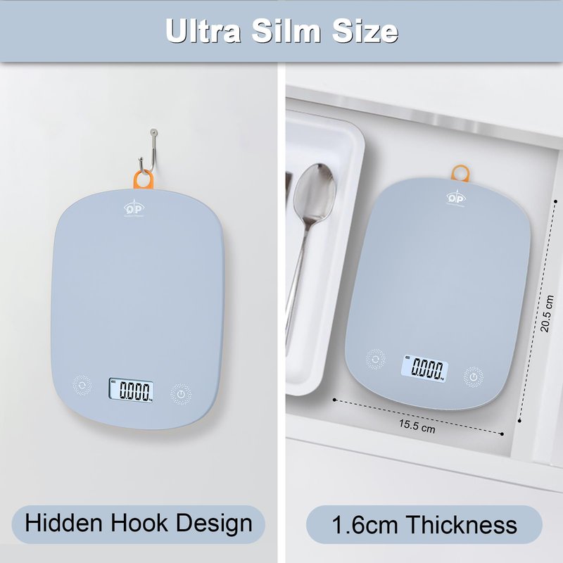 QP Digital Food Scale, 11lb Digital Kitchen Scale, 1g High Accuracy Meat Scale, 6 Units, Cooking Scale with Hook, Ultra Slim Kitchen Weight Scale, Touch Control, Tare Function, Auto Off, LCD Display