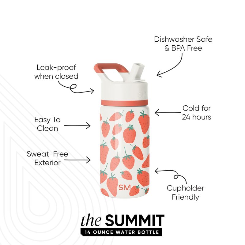 Simple Modern Kids Summit Water Bottle with Straw Lid | 14oz Stainless Steel Cup Insulated Tumbler Tumbler for Girls, School | Strawberries on Cream