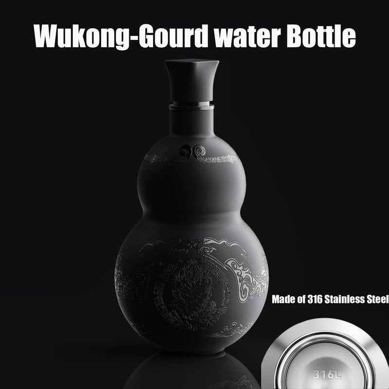 nurdewn Stainless Steel Gourd Water Bottle 16.9oz Insulated Drinking Gourd Bottle for Black Myth Wukong Fans, Vintage Style Leak-Proof Water Jug with Strap, 316 Steel Hot & Cold Flask (Black)