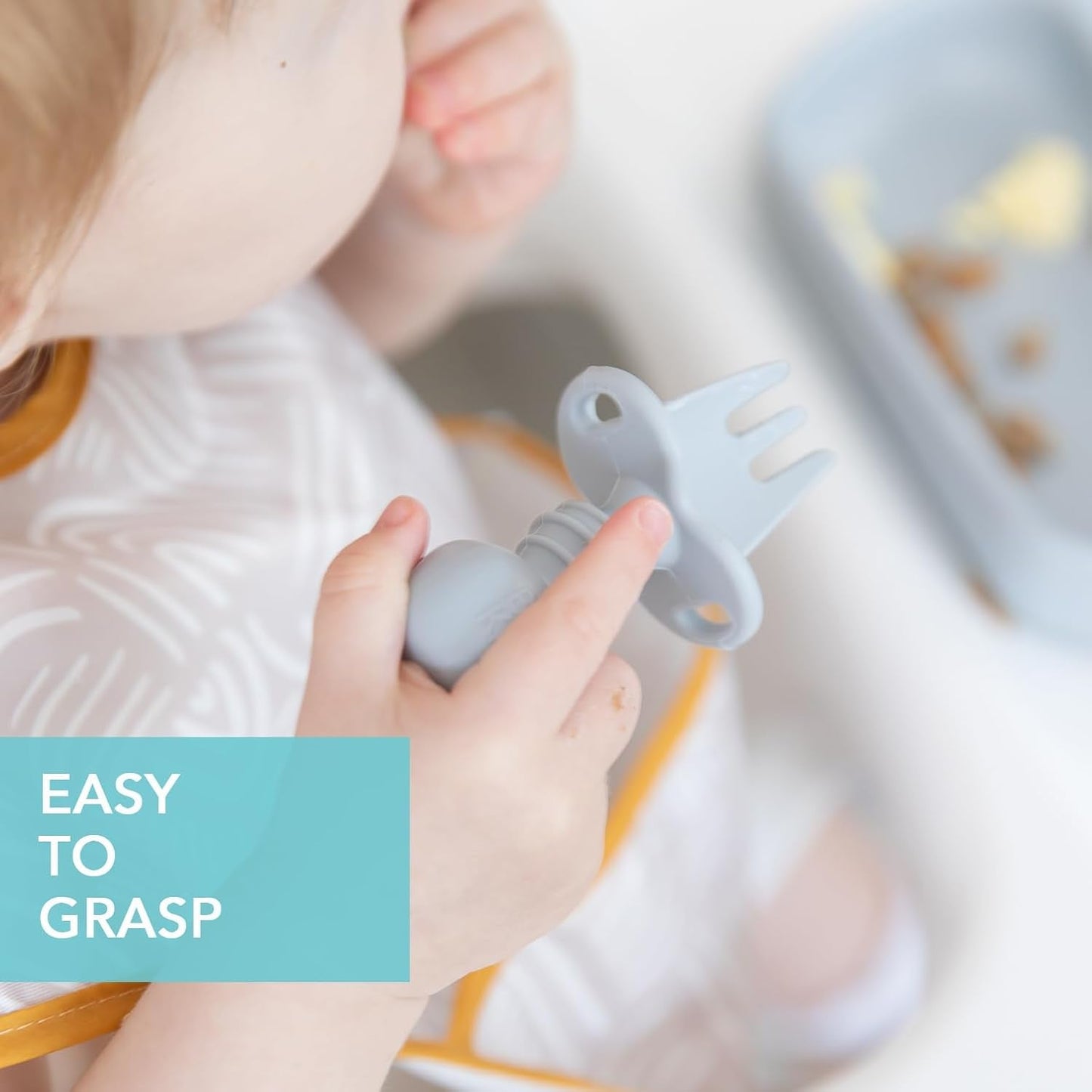 Bumkins Chewtensils Silicone Baby Utensils Set - Soft Spoons & Fork for Self-Feeding | Gray, 6 Months+