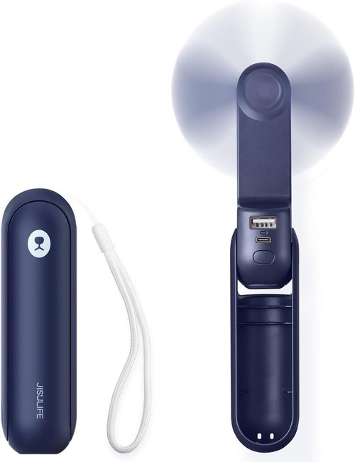 JISULIFE Portable Handheld Fan - Mini 3-In-1 USB Rechargeable with Power Bank & Flashlight | Blue, Perfect for Travel & Summer