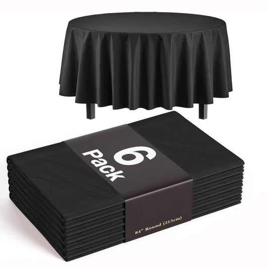 Exquisite 6-Pack Plastic Tablecloth 84 inch Round Value Pack Plastic Table Cover - Black