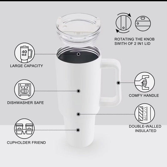 40 oz Stainless Steel Insulated Tumbler With Handle and Straw, Leakproof Lid, Double wall Vacuum Travel Mug, Keeps Drinks Hot and Cold 24h, Large Reusable Water Bottle, Car Cup Holder Friendly.
