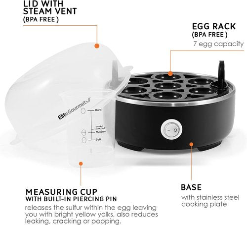 Elite Gourmet Easy Egg Cooker - Electric 7-Egg Capacity with Auto Shut-Off | Classic Black, BPA Free