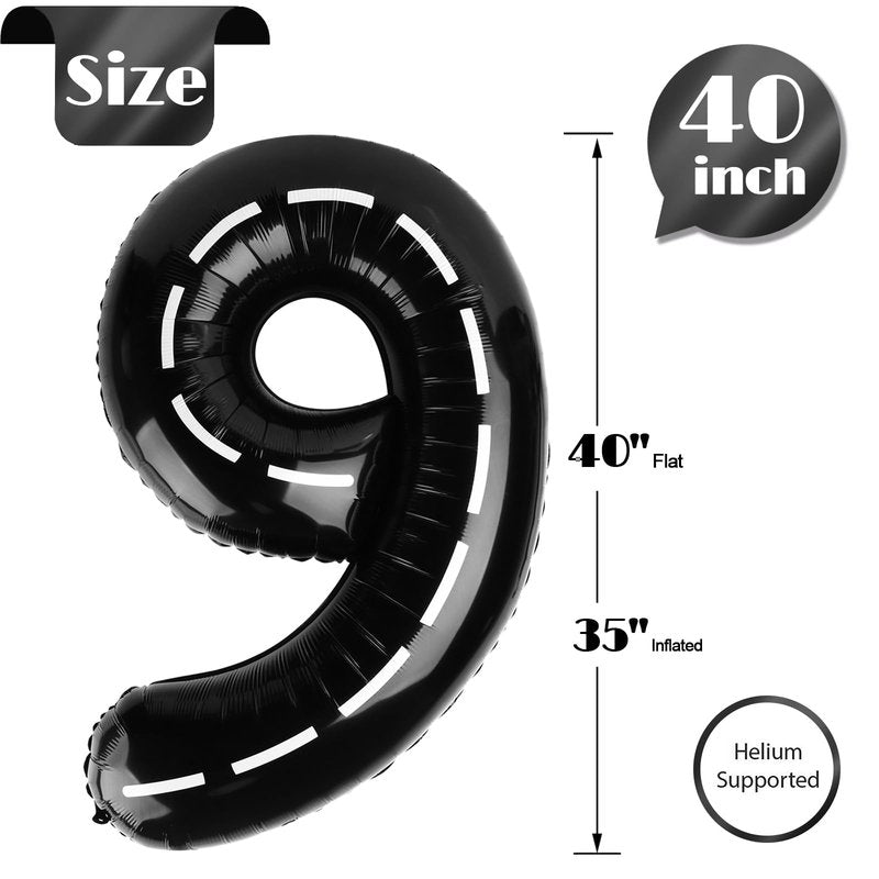 Race Car 9 Balloon, Number Balloons 40 Inch, 9th Black Giant Birthday Decorations for Boys, 19th 29th Party Decorations Supplies, Number 9 Balloon