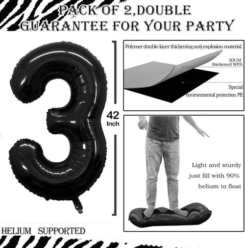GOER Black Foil Number 3 Balloons - Huge 42" & 32" Birthday Party Decorations (3 Pack)