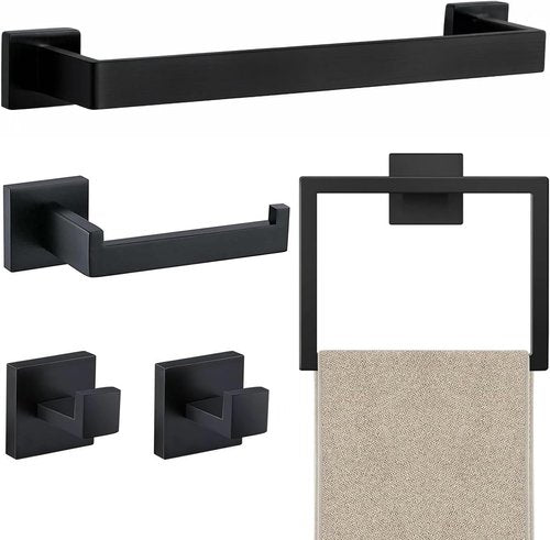 JOPOFI 5 Piece Bathroom Towel Bar Set - Matte Black SUS304 Stainless Steel Wall Mounted Towel Racks, 15.7 Inch
