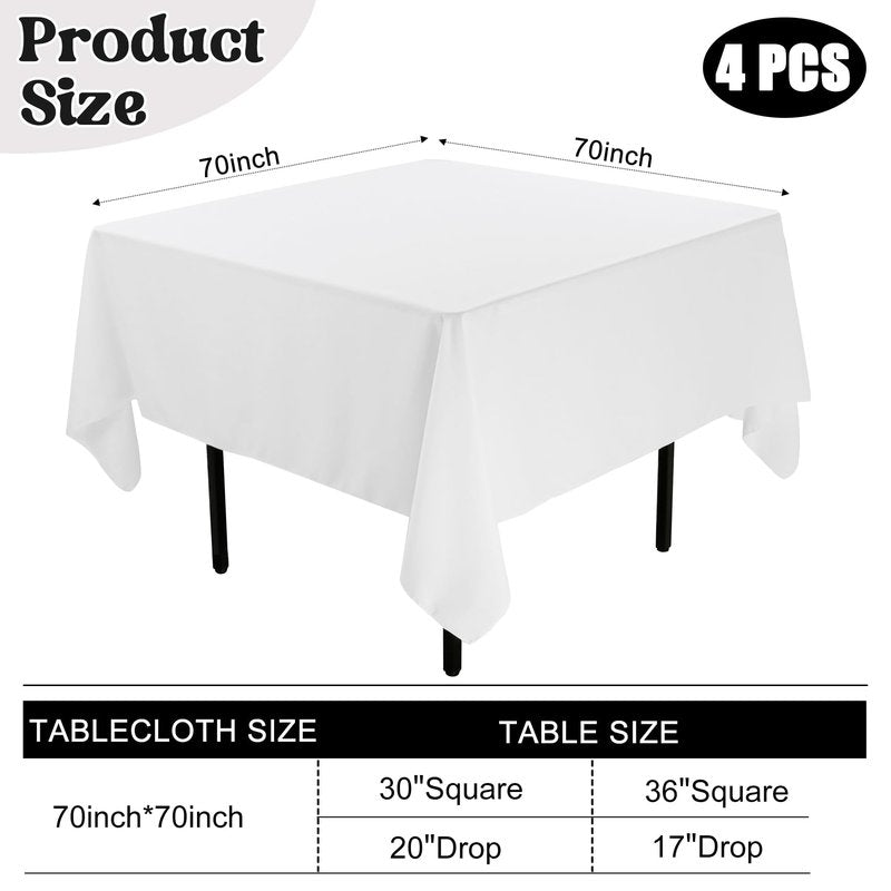 JALANCY 4 Pack Square Table Cloth 70x70 Inch White Tablecloth Machine Washable Fabric Polyester Table Cover for Dining, Buffet Parties, Picnic, Events, Weddings and Restaurants（White）