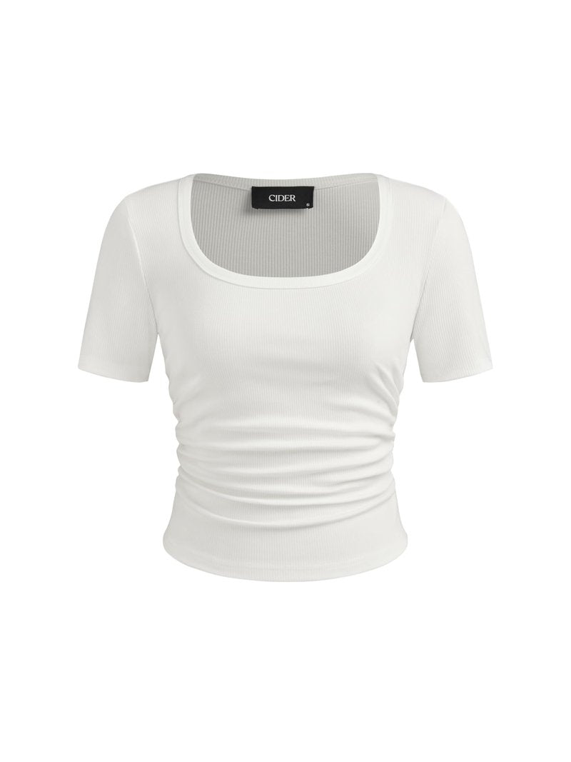 CIDER Crop Tops for Women Square Neck Short Sleeve Ruched Fitted Tee Casual Basic Summer Going Out Tops Black