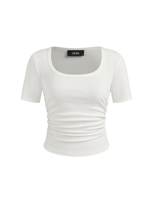 CIDER Crop Tops for Women Square Neck Short Sleeve Ruched Fitted Tee Casual Basic Summer Going Out Tops Black