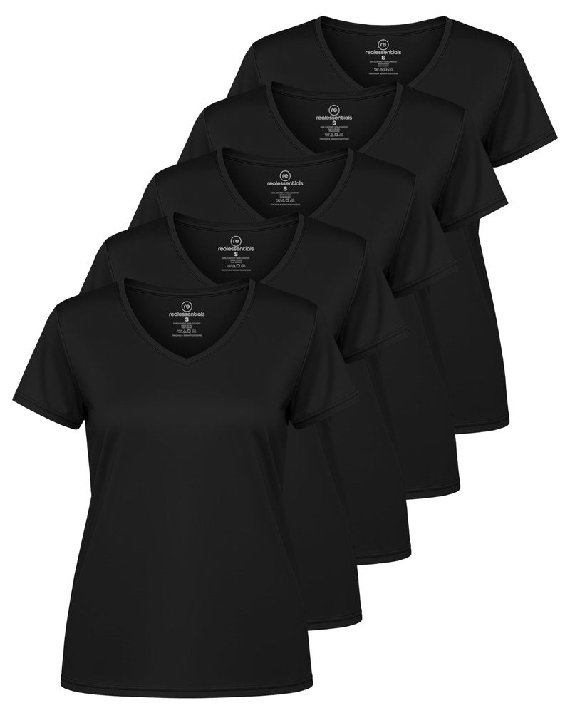 Real Essentials 5 Pack: Women's Dry-Fit Short Sleeve V Neck T Shirt Workout Fitness Yoga Top Tee (Available in Plus Size), Set 5, 2X