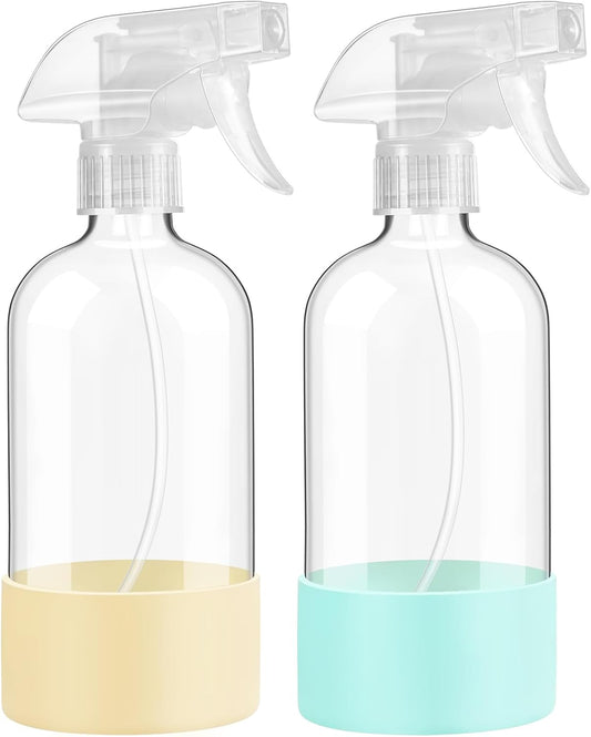 Skiennix Glass Spray Bottles - 16 oz Reusable with Silicone Sleeve & Adjustable Nozzle | 2 Pack in Pale Yellow & Mint Green