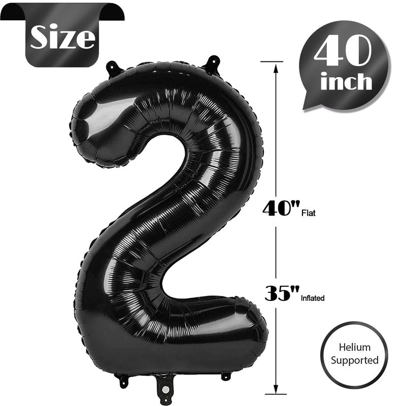 IWERP Number 2 Balloon, Black, 40 Inch, Unisex, Birthday Decorations, All Ages, Reusable, Self Sealing, Foil Mylar
