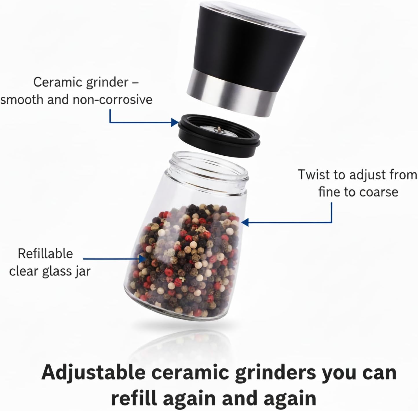 Skiennix Salt and Pepper Grinder Set - Refillable Spice Mills (2.5" x 5.1") for Fresh Seasoning