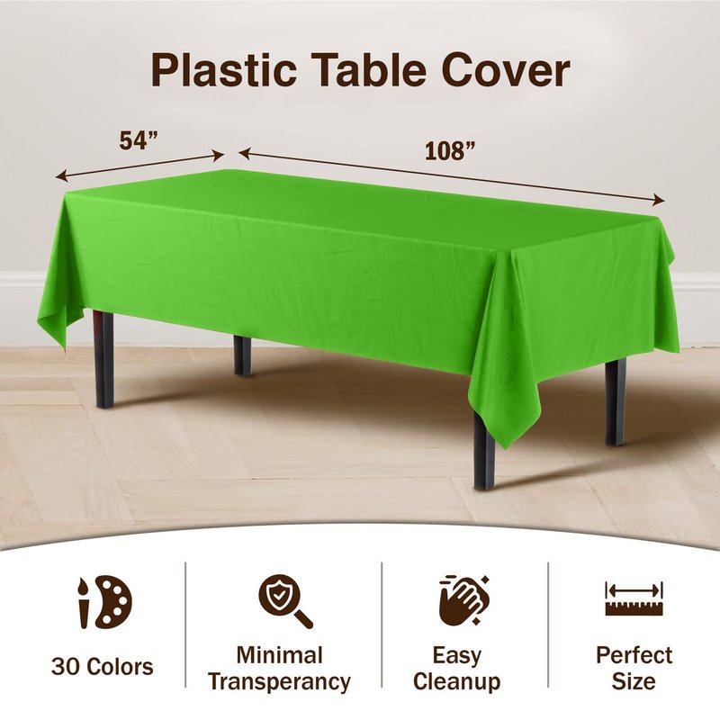 Party Solids Pack Of 6 Premium Plastic Tablecloth 54 Inch x 108 Inch Rectangle Plastic Table Cover - Lime Green