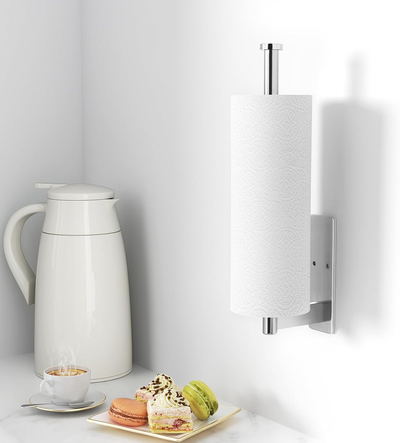 Stainless Steel Paper Towel Holder by [Brand Name] - Under Cabinet Wall Mount, Self-Adhesive or Drilling, Silver Kitchen Organizer