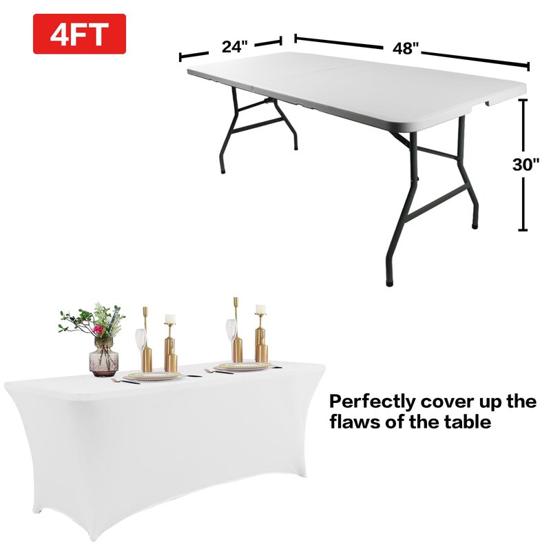 IVAPUPU 2 Pack 4FT Table Cloth for Rectangular Fitted Events Stretch White Table Covers Washable Cover Spandex Spring Tablecloth Protector for Party, Wedding, Cocktail, Banquet, Festival