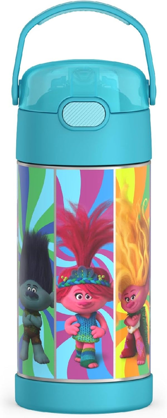 THERMOS FUNTAINER Water Bottle - 12 Ounce Kids Stainless Steel Vacuum Insulated with Straw | Trolls 3 Design
