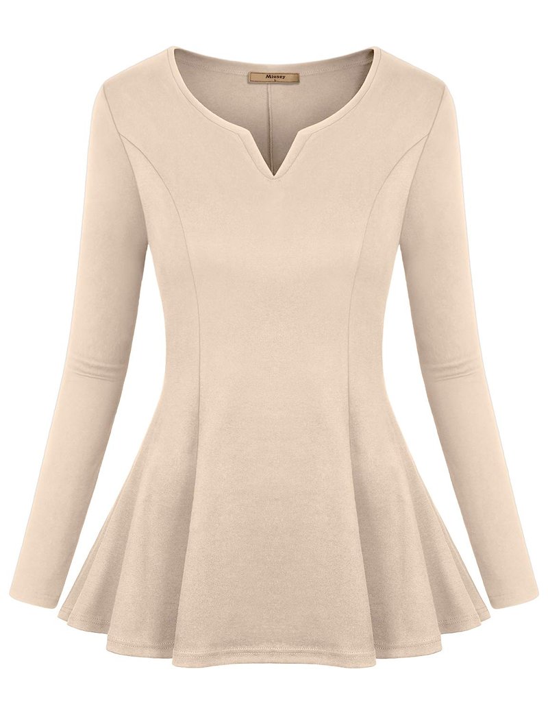 Miusey Long Sleeve Peplum Tops for Women Henley V Neck Pleated Fitted Ruffle Tops to Hide Belly Draped A-Line Elegant Empire Flowy Waist Red Medium