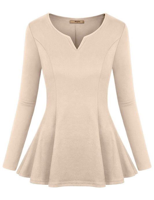 Miusey Long Sleeve Peplum Tops for Women Henley V Neck Pleated Fitted Ruffle Tops to Hide Belly Draped A-Line Elegant Empire Flowy Waist Red Medium