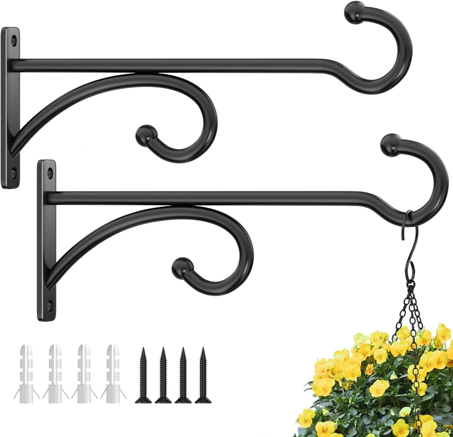 Skiennix 8-Inch Planter Hooks - Durable Metal Plant Hanger for Indoor/Outdoor Use | Black, 2-Pack