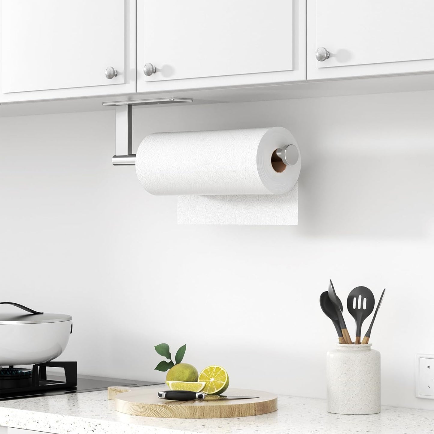 Stainless Steel Paper Towel Holder by [Brand Name] - Under Cabinet Wall Mount, Self-Adhesive or Drilling, Silver Kitchen Organizer