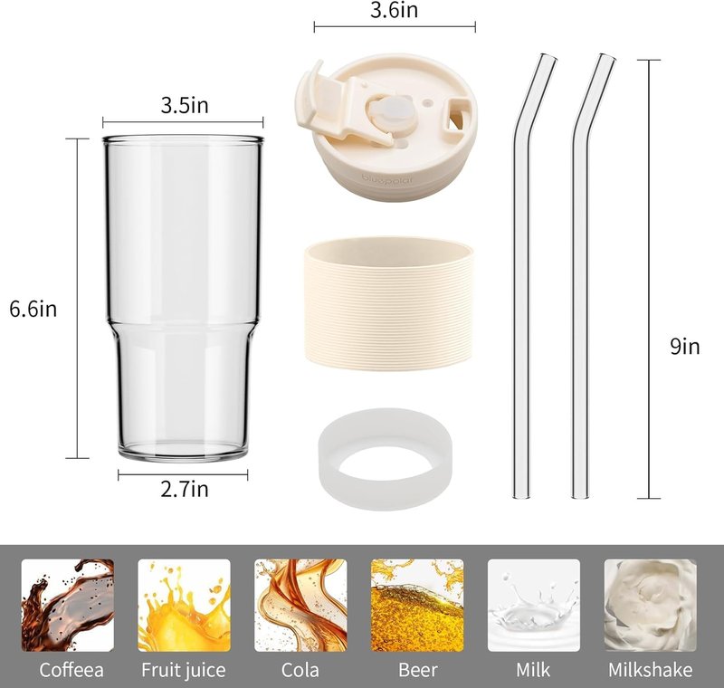 BLUEPOLAR 23oz/680ml Glass Tumbler with Straw and Lid - Leak-Proof Portable Travel Water Glass Cup for Smoothies, Iced Coffee,Matcha and Cold Beverages - Durable and Eco-Friendly (White with Sleeve)