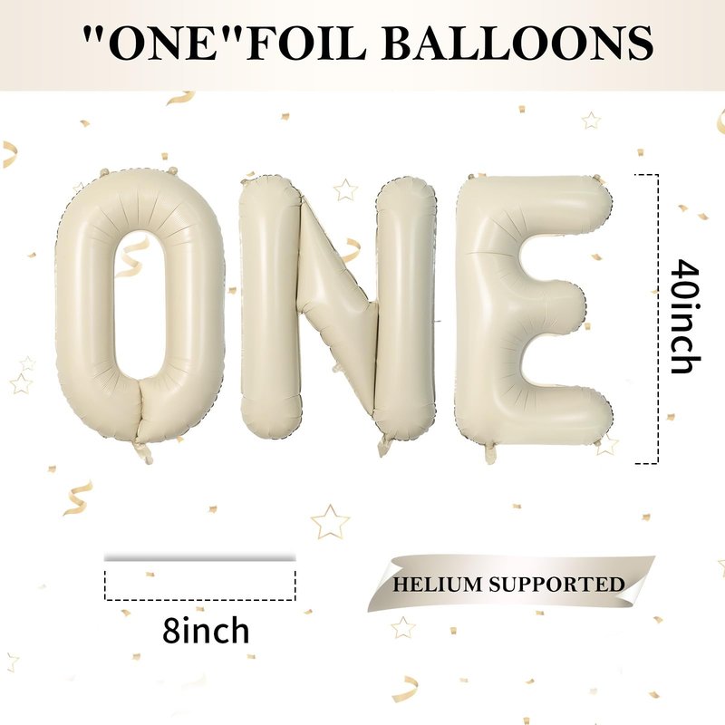 Biapian 40 Inch One Letter Balloons, Big Cream ONE Foil Balloons, 3 Pcs Giant Foil Large Aluminum Balloon Helium for Anniversary First One Year Old Girl and Boy 1st Birthday Party Decoration (Cream)
