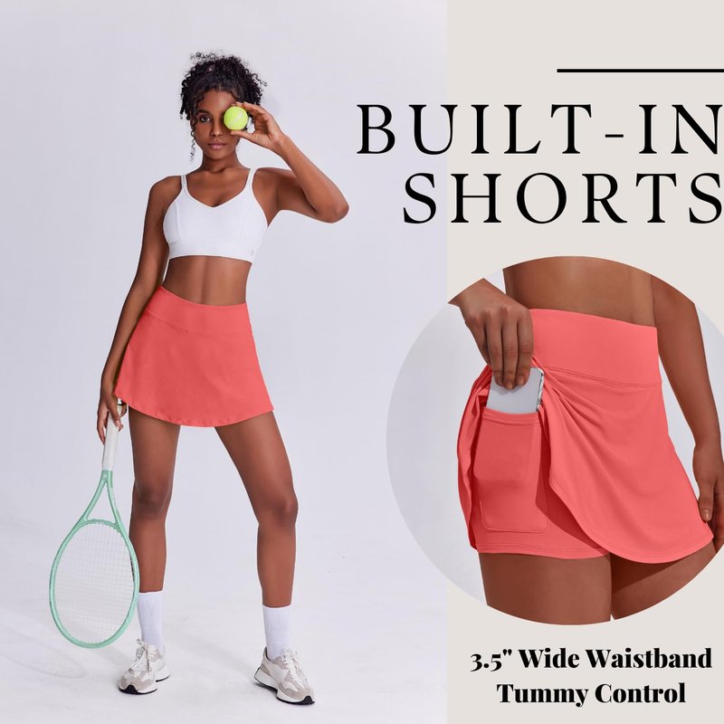 PINSPARK Tennis Skirt Pleated Golf Skorts for Women Workout Tummy Control Athletic Skirts with Pockets,Porcelain Rose Large