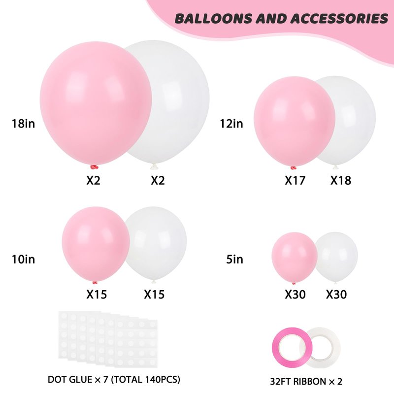 RUBFAC White and Pink Balloons 129pcs Different Sizes Pack of 18 12 10 5 Inch, Latex Baby Pastel Pink Balloon Garland Arch Kit for Birthday Party Wedding Anniversary Baby Shower Gender Reveal