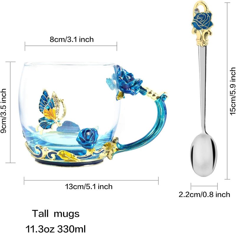 Tea Cup Gifts for Mom Birthday Gift for Women,Glass Coffee Enamels Mug Butterfly Sky Blue Flower Cup Unique Valentines Christmas Mothers Day gift For Mom Women Wife Sister Coworker Female Friend