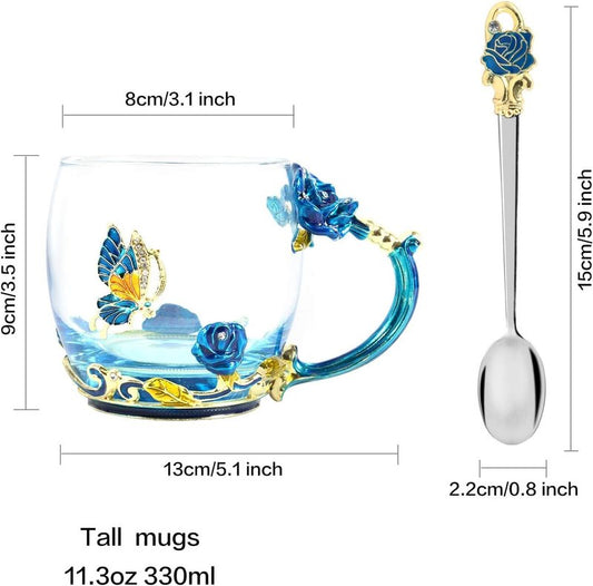 Tea Cup Gifts for Mom Birthday Gift for Women,Glass Coffee Enamels Mug Butterfly Sky Blue Flower Cup Unique Valentines Christmas Mothers Day gift For Mom Women Wife Sister Coworker Female Friend