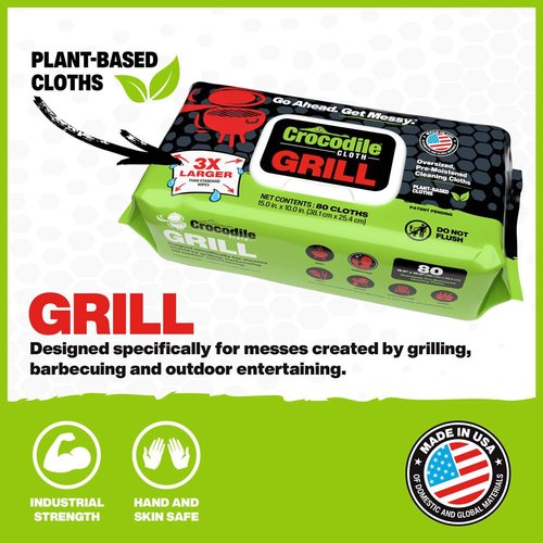 Crocodile Cloth Grill - 80 (15" x 10") Plant-based Cleaning Wipes. Safe on Skin & Multiple Surfaces. Infused with Aloe & Vitamin E. Large, Pre-Moistened & Absorbent.