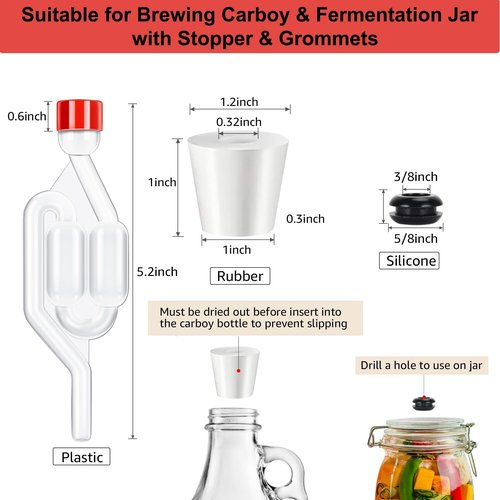 Dbgogo Twin Bubble Airlock Set, Air Lock for Fermenting, 6 Pack S - Shape Airlocks for Fermenting with #6 Carboy Stopper, 12pcs Airlock Grommets and 2pcs Brewing Thermometer Strips