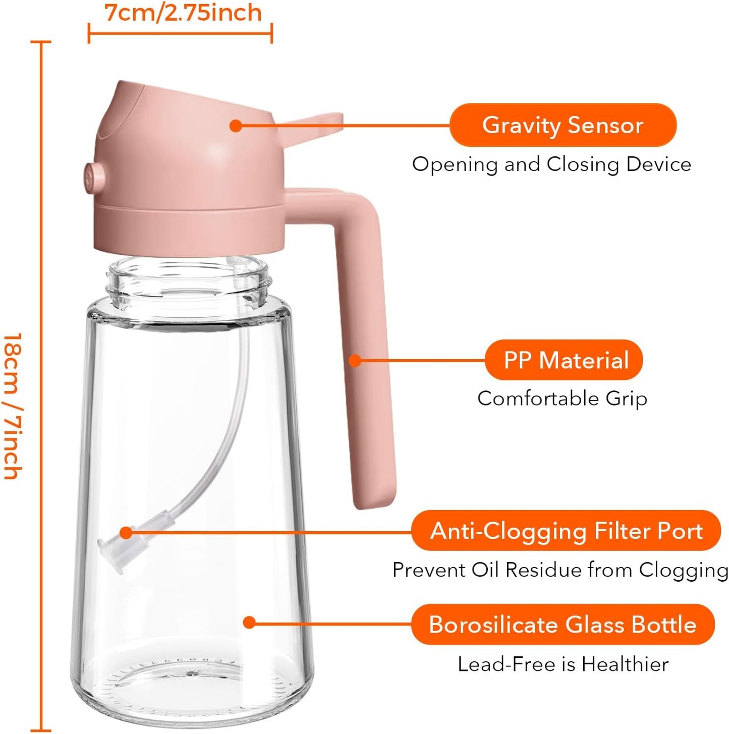 YARRAMATE 16oz Glass Olive Oil Sprayer - 2-in-1 Food Grade Premium Kitchen Dispenser | Peach Pink