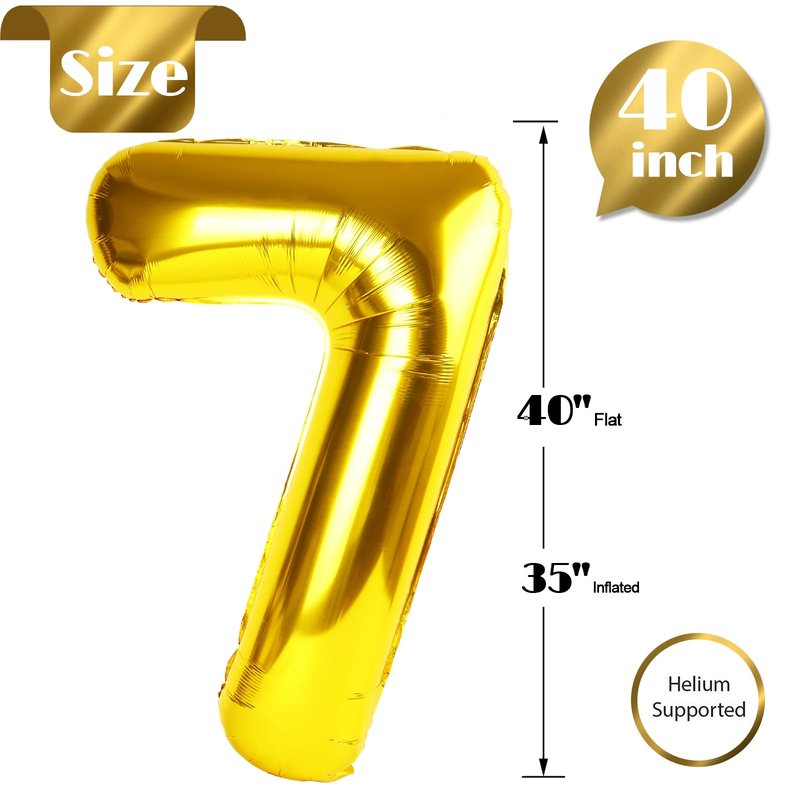 Gold Number 7 Balloon 40 Inch, 7th Birthday Party Decorations for Children, Giant 7 Foil Balloon for Party Supplies