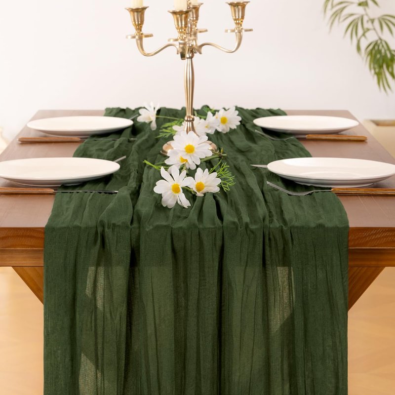 Socomi 3pcs Olive Green Summer Cheesecloth Table Runner Boho Rustic Gauze 120 inch 10FT Cheese Cloth Sheer Runner for Wedding Party Baby Shower Birthday Home Decor