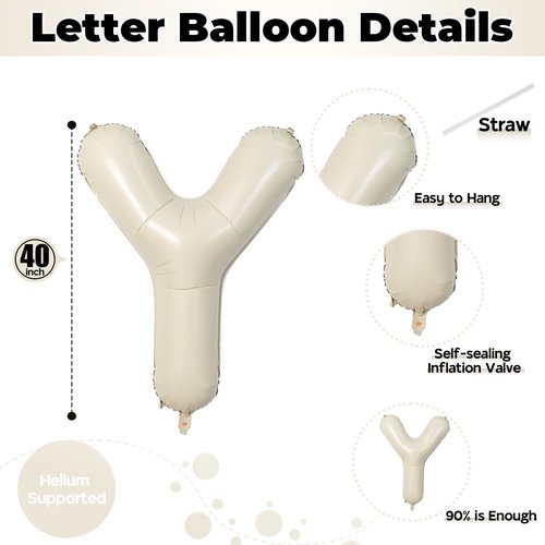 Cream Y Letter Balloons, 40 Inch Alphabet Foil Name Beige Balloon, Large Self Inflating Balloon Letters Y, White Sand Mylar Helium Custom Letter Balloon for Girls Birthday Party Baby Shower Decoration