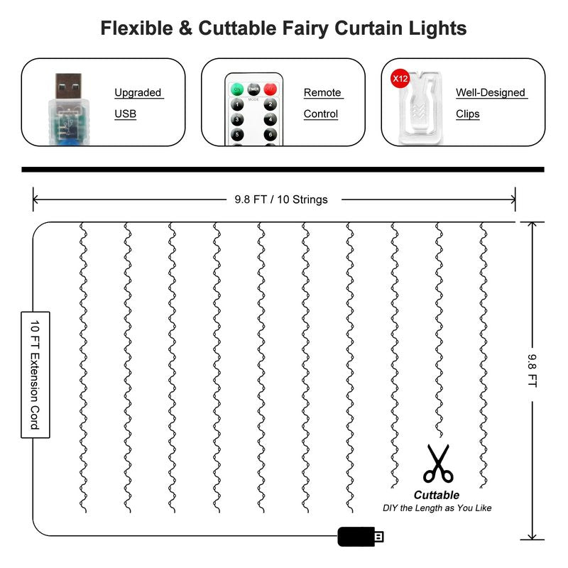 HOLITS 2 Pack 300 LED Fairy Curtain Lights, 9.8 x 9.8FT Warm White USB Plug in 8 Modes String Hanging Lights with Remote for Christmas, Bedroom, Indoor, Outdoor, Weddings, Party (Warm White)