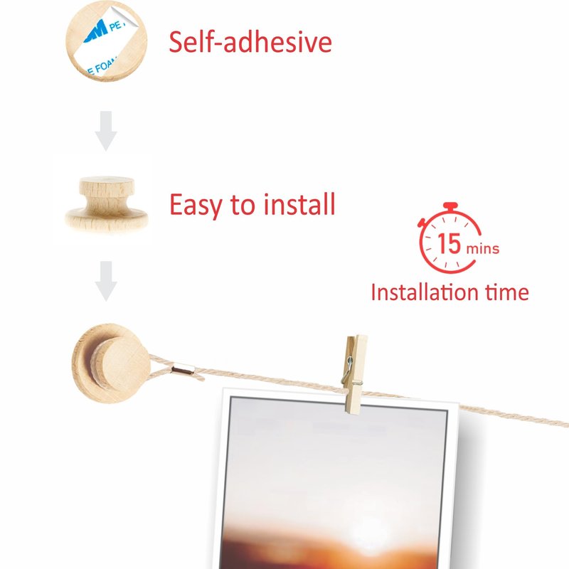 BIZYAC Hanging Photo Display Room Wall Decor - Sculptural Picture Frames Collage - 5 Strings with 30 Clips - 3M Self Adhesive Hooks - No Holes Drilling - 30 x 30 inch