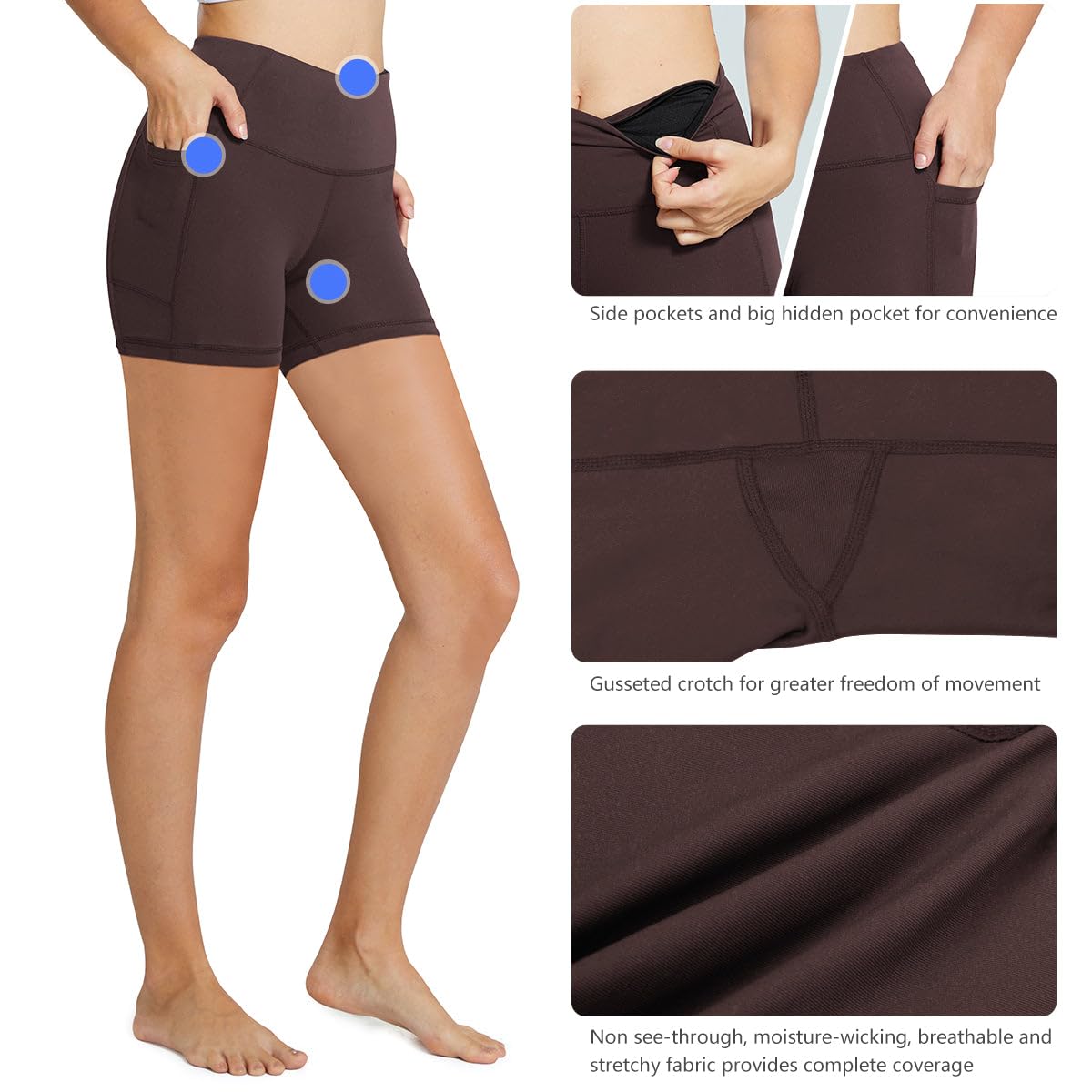 baleaf Biker Shorts Women Yoga Gym Workout Spandex Running Volleyball Tummy Control Compression with Pockets 5" Brown XL