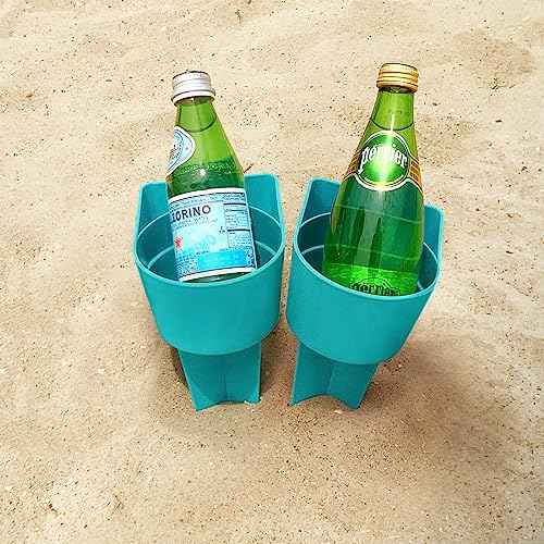 Home Queen Beach Cup Holder with Pocket, Multi-Functional Sand Cup Holder for Beverage Phone Sunglasses Key, Beach Accessory Drink Sand Coaster, 2-Pack, Turquoise
