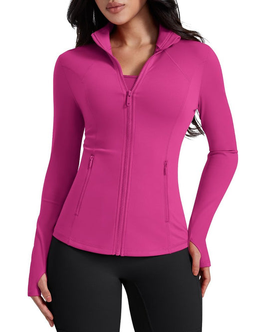 AVGO Womens Workout Jackets Lightweight Athletic Zip Up Jacket Slim Fit Running Gym Top with Pockets & Thumb Holes(Hot Pink, S)