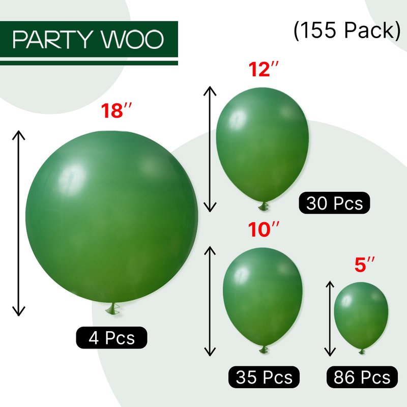 PartyWoo Dark Green Balloons 155pcs Different Sizes of 18 12 10 5 Inch Emerald Hunter Forest Green Balloon Arch Kit for Birthday Christmas Graduation Dinosaur Jungle Theme Party Decorations Green-Y56