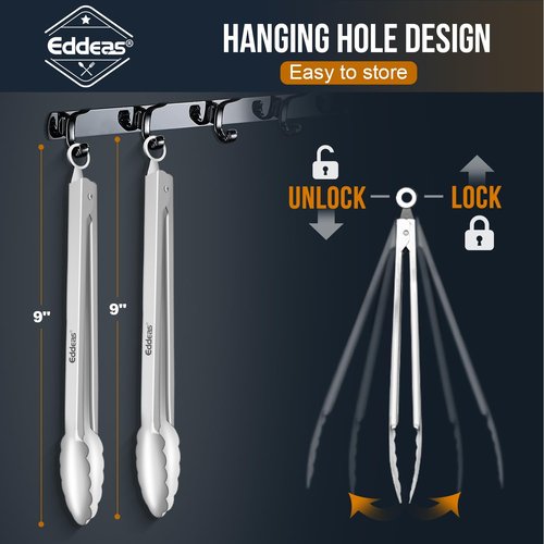 Eddeas 2PCS 9inch Tongs for Cooking - Heat Resistant 600 Degree Kitchen Tongs, Heavy Duty All Metal Food Tongs, Stainless Steel and Non-Slip handle, Salad, Grilling, Barbecue, Dishwasher safe