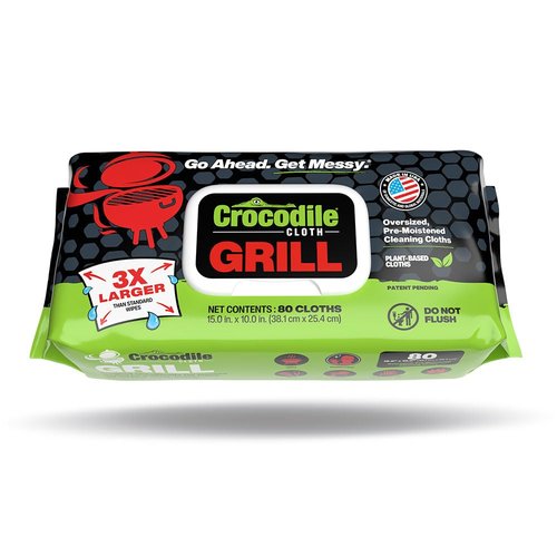 Crocodile Cloth Grill - 80 (15" x 10") Plant-based Cleaning Wipes. Safe on Skin & Multiple Surfaces. Infused with Aloe & Vitamin E. Large, Pre-Moistened & Absorbent.