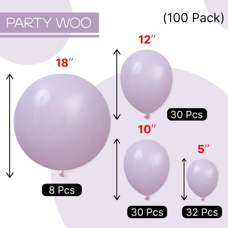 PartyWoo Dusty Purple Balloons 100pcs Different Sizes Pack of 18 12 10 5 Inch Lavender Lilac Boho Neutral Balloon Arch Kit for Baby Shower Graduation Cat Tornado Birthday Party Decorations Purple-F33