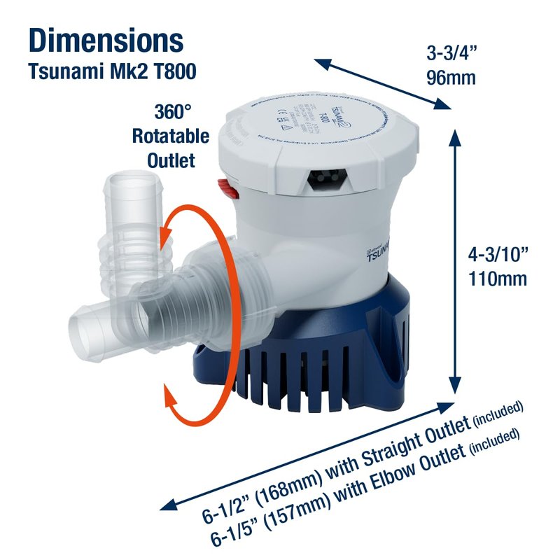 Attwood Tsunami Mk2 T800, 12V, Manual Bilge Pump, 800 GPH, with Fittings (Elbow & Straight), Direct Replacement for Attwood 4608-7