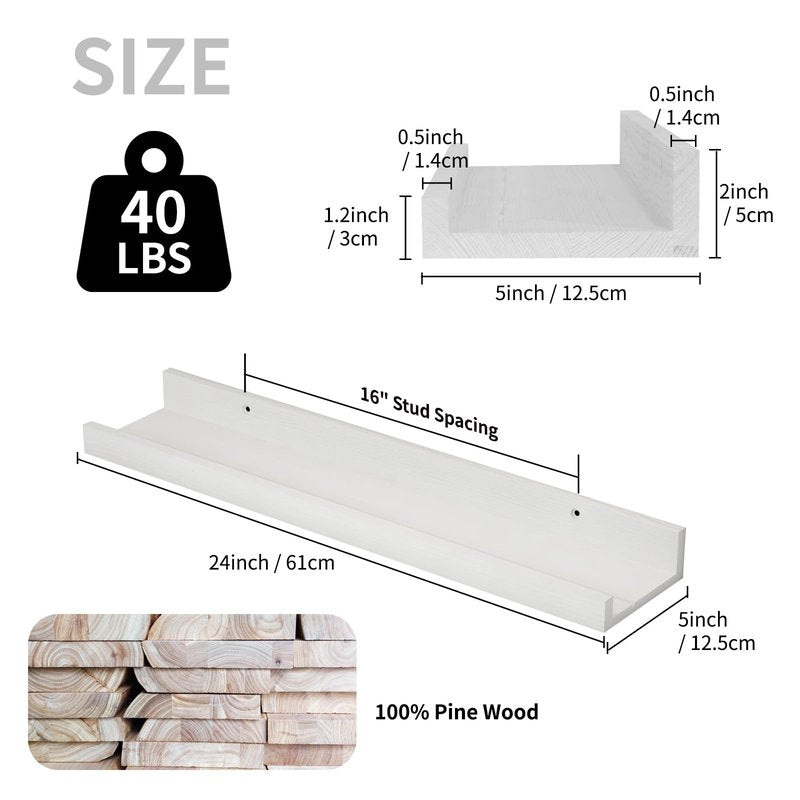 SAUMONIERES Picture Ledge Shelf Floating Book Shelves Set of 2 Wall Mounted Solid Wood for Bedroom Bathroom Living Room Kitchen, 55 Inch White