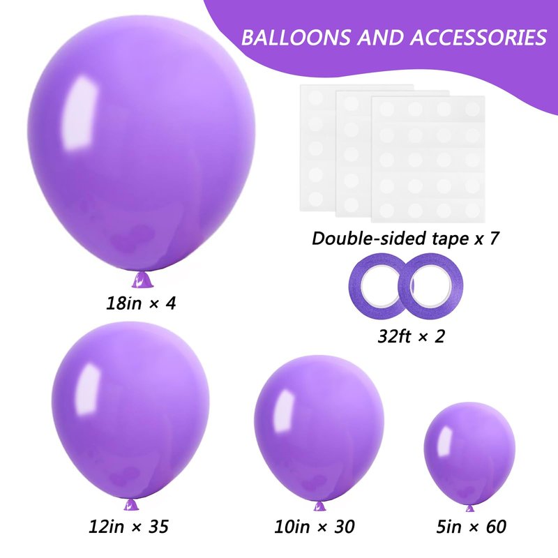 RUBFAC Purple Balloons 129pcs, Lavender Lilac Purple Balloon Arch Kit, Different Sizes 18 12 10 5 Inch for Masquerade Party Decorations Engagement Bachelorette Birthday Bridal Baby Shower Supplies